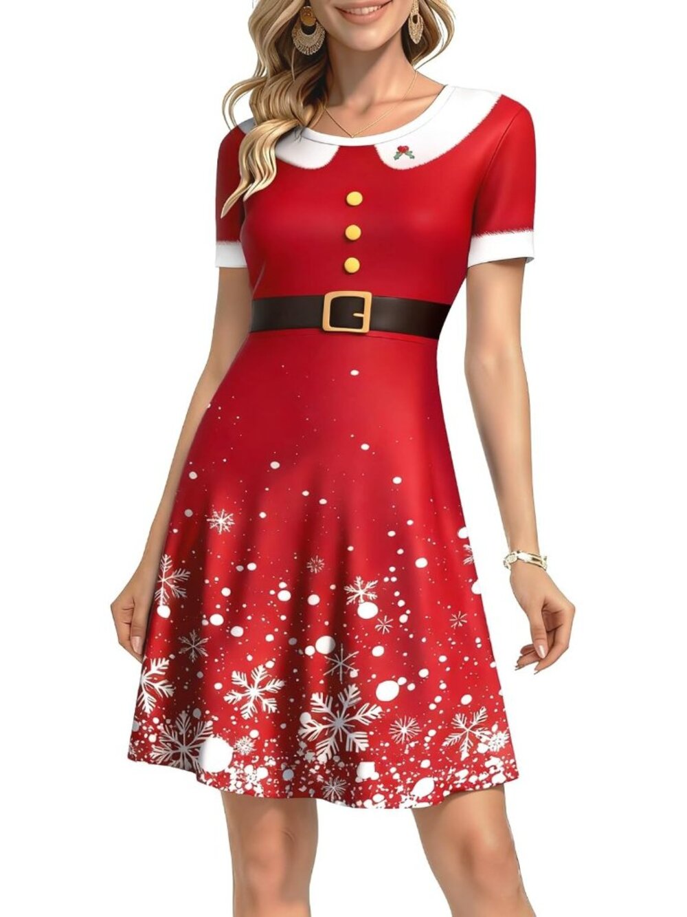 Women's Santa Red Holiday Party Ugly Xmas Print Short Sleeves Christmas Dresses